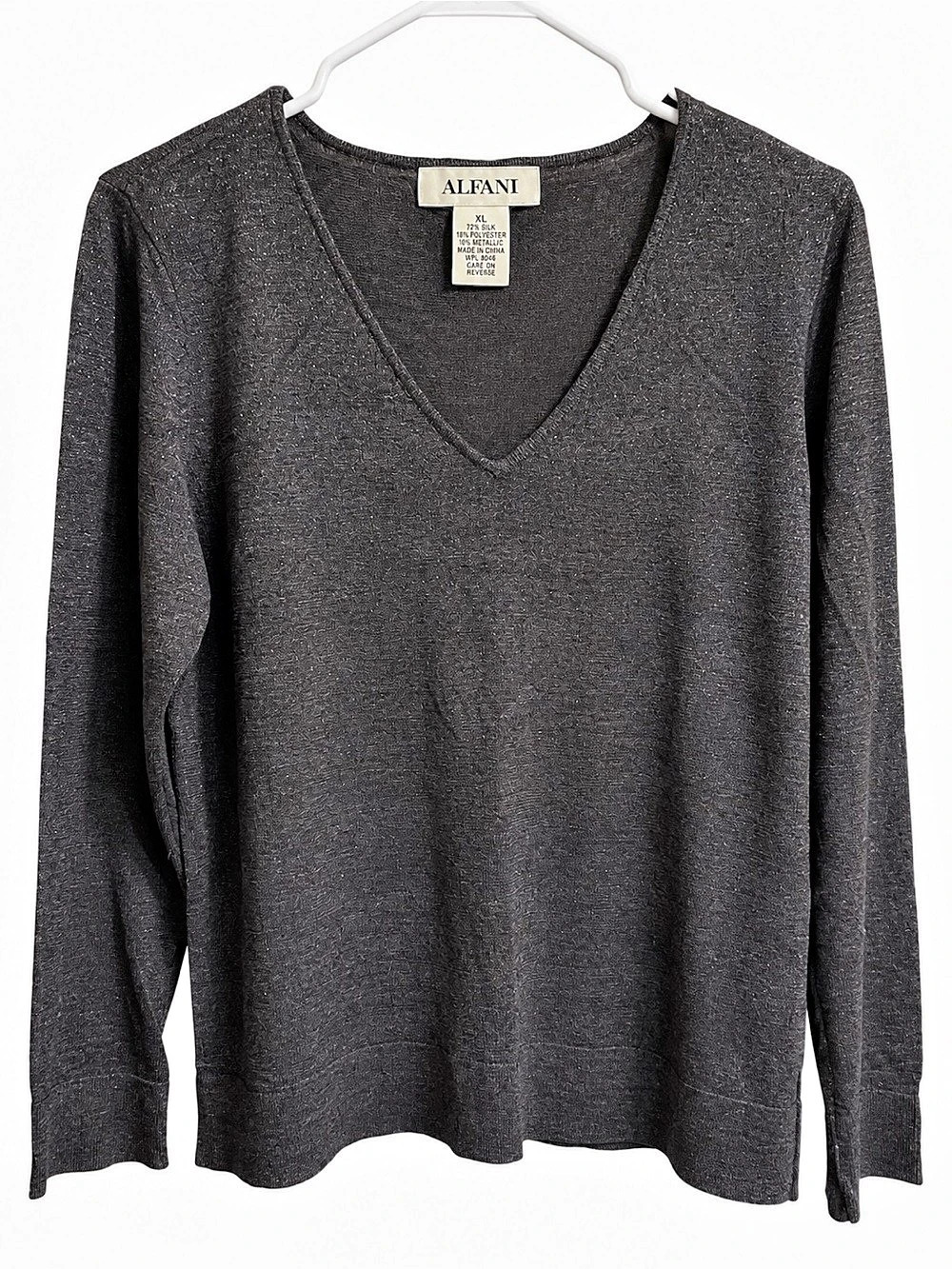 Alfani Silk Blend V- Neck Sweater in Metallic Charcoal Gray  XL Like New